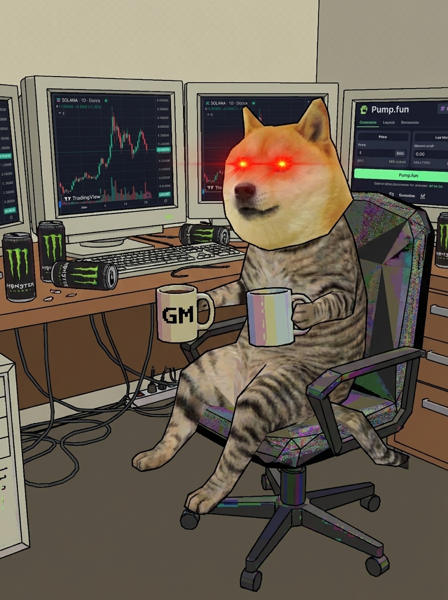 Trading desk with glowing eyes and multiple monitors